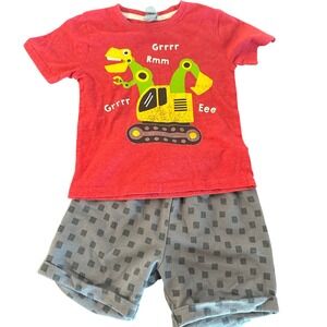 Instant Message Dinosaur Excavator Shirt & Pekkle Shorts Set Toddler 3T Red Grey